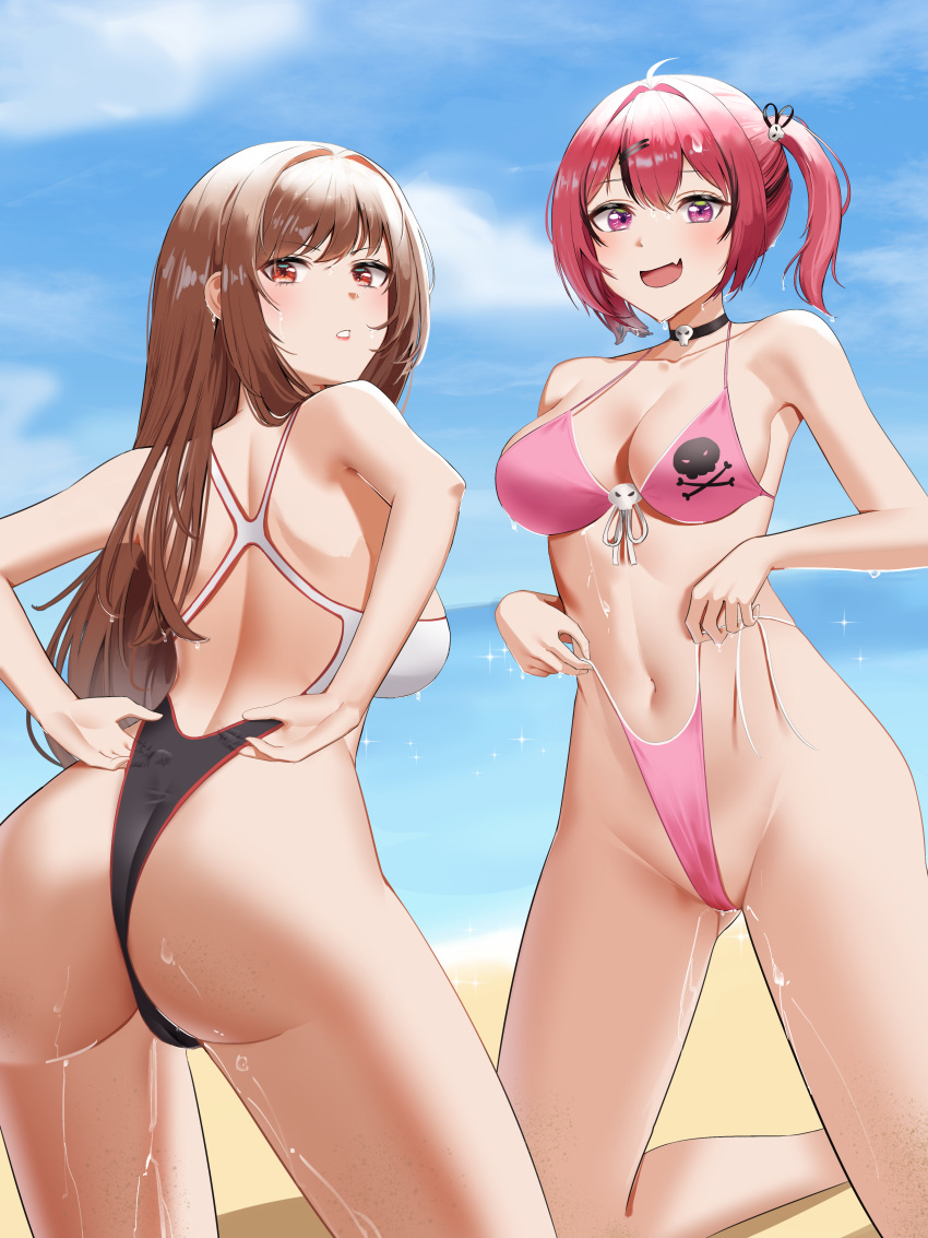 2girls absurdres anoreikatomoe ass beach bikini black_towel breasts fang goddess_of_victory:_nikke highres huge_ass mast_(nikke) morgan_(nikke) multiple_girls panties panty_pull pink_bikini rapi_(classic_vacation)_(nikke) rapi_(nikke) skin_fang skull_choker swim_goggles swimsuit two-tone_swimsuit underwear wide_hips