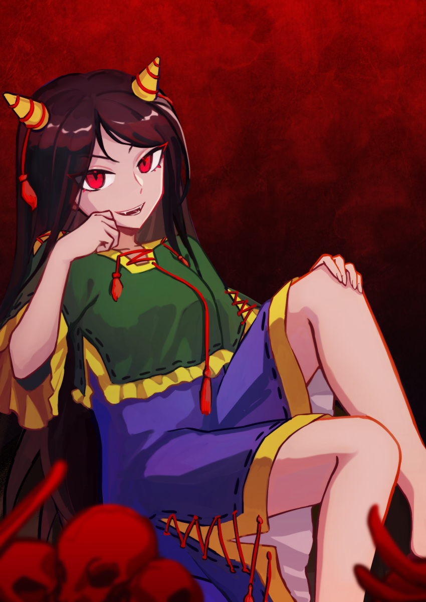 1girl absurdres black_hair blue_shorts fangs flower green_shirt highres horns long_hair nippaku_zanmu oni_horns open_mouth parted_bangs red_eyes red_flower shirt short_sleeves shorts smile solo spider_lily touhou unfinished_dream_of_all_living_ghost wys-tb