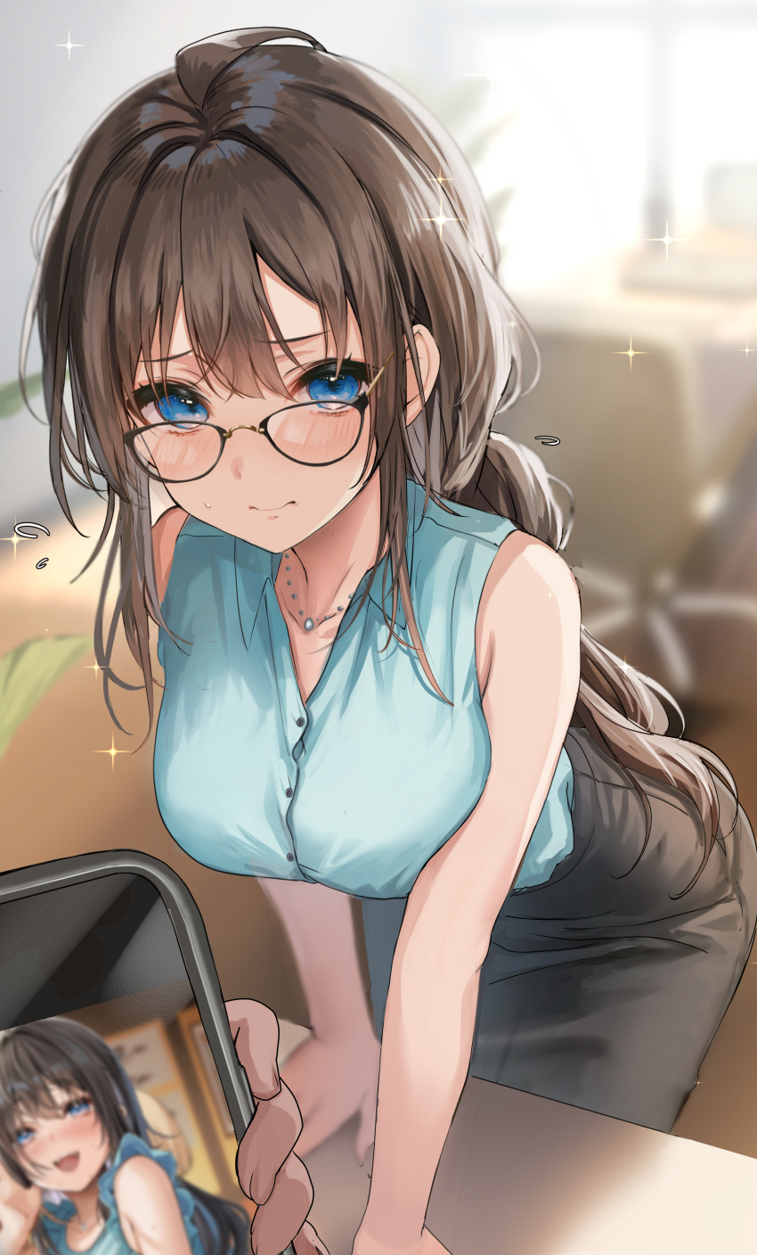 1girl 1other absurdres ahoge backlighting black_skirt blue_eyes blue_shirt blurry blurry_background blush breasts brown_hair buttons cellphone closed_mouth collarbone commentary_request embarrassed glasses highres jewelry large_breasts leaning_on_table light_particles long_hair looking_at_viewer looking_over_eyewear multiple_views necklace office office_lady original phone photo_(object) pov shirt skirt sleeveless sleeveless_shirt smartphone solo_focus sparkle sunlight sweatdrop yufou