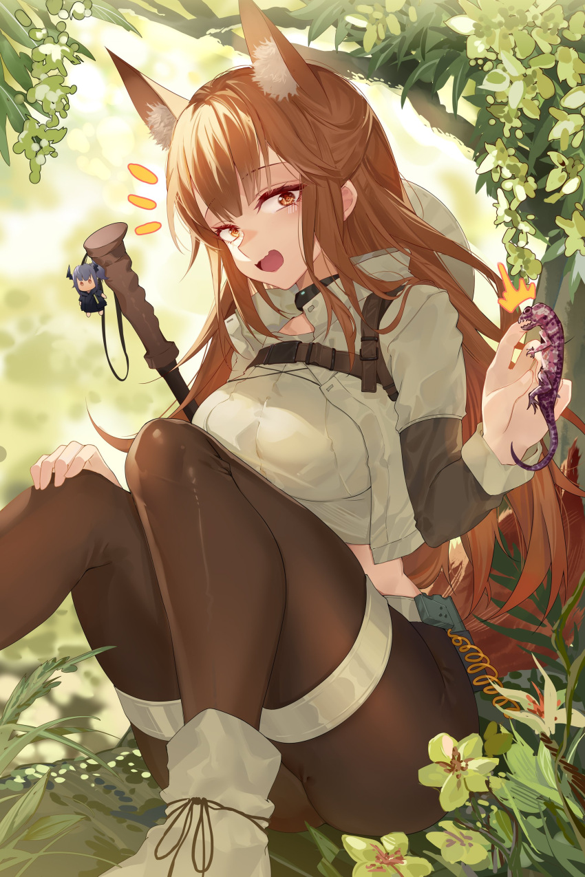 1girl absurdres animal_ear_fluff animal_ears arknights biting black_pants breasts brown_eyes cameo charm_(object) crop_top extra_ears finger_biting fox_ears fox_girl fox_tail franka_(arknights) highres hongbaise_raw jungle leaf liskarm_(arknights) lizard long_hair medium_breasts midriff_peek nature open_mouth outdoors pants shirt sidelocks sitting solo tail thighs very_long_hair white_shirt