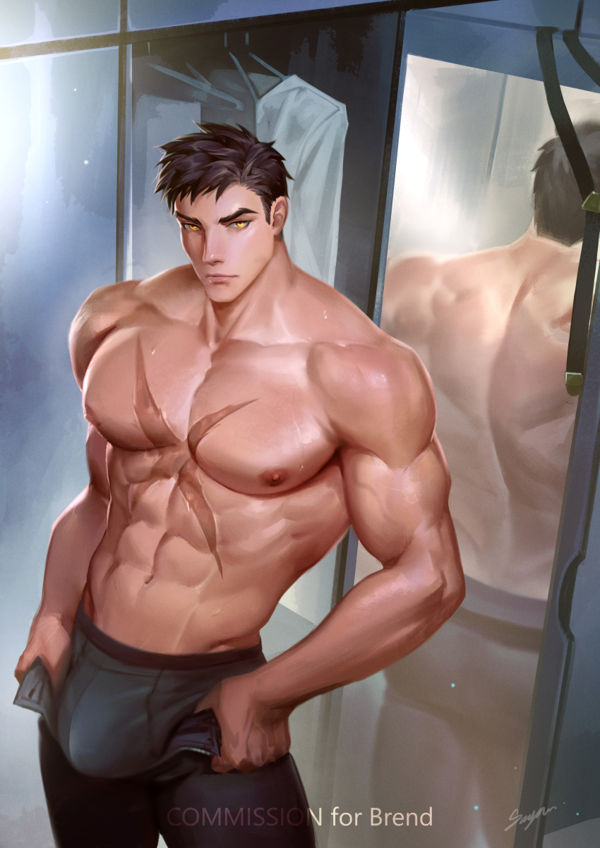 1boy abs absurdres bara boxers bulge bulge_lift commission cross_scar dressing feet_out_of_frame grey_male_underwear highres i've_never_seen_a_guy_recreate_this_successfully_tbh_(meme) large_bulge large_pectorals long_sideburns male_focus male_underwear meme muscular muscular_male navel nipples open_pants original pants pants_lift pectorals sariya_asa scar scar_on_chest short_hair sideburns solo stomach sweat thick_eyebrows topless_male undersized_clothes underwear