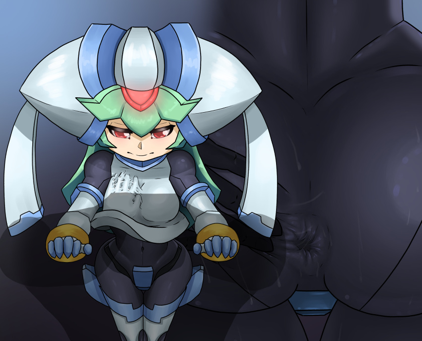 android armor big_butt blush breast_grab breasts butt butt_grab capcom clothing darkafterdark female green_hair grope hair hand_on_breast hand_on_butt hi_res humanoid machine mega_man_(series) pandora_(mega_man) red_eyes reploid robot solo tight_clothing translucent