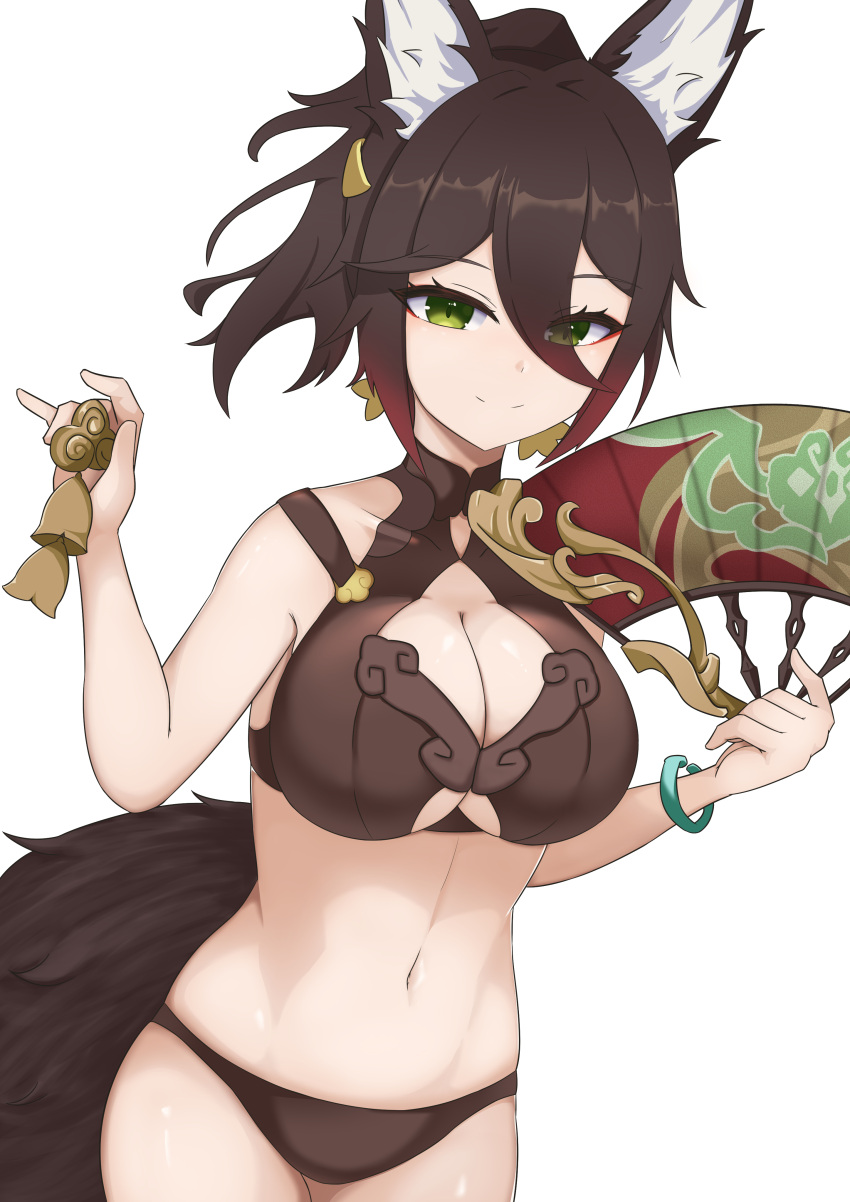 1girl absurdres animal_ear_fluff animal_ears black_hair breasts brown_panties cleavage cleavage_cutout closed_mouth clothing_cutout commentary_request covered_collarbone eyes_visible_through_hair folding_fan gradient_hair green_eyes hair_between_eyes hand_fan hands_up highres holding holding_fan honkai:_star_rail honkai_(series) looking_at_viewer medium_breasts multicolored_hair panties ponytail red_hair sato_art simple_background smile solo tail tingyun_(honkai:_star_rail) underwear white_background