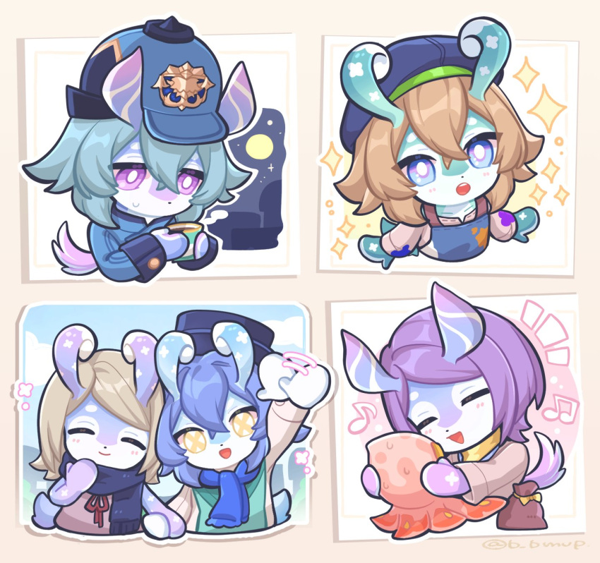 5girls ^_^ animal animal_ears apron aqua_dress arm_up artist_name b_bmvp bag ball_octopus_(genshin_impact) beamed_eighth_notes beret black_headwear black_scarf blue_apron blue_eyes blue_hair blue_jacket blue_scarf blue_sky blush bright_pupils brown_background brown_dress brown_hair brown_shirt closed_eyes closed_mouth cloud coffee commentary_request crossed_bangs cup day dress eighth_note flower_(symbol) full_moon genshin_impact grey_hair hair_between_eyes hand_up hands_up happy hat highres holding holding_animal holding_cup iara_(genshin_impact) jacket leuca_(genshin_impact) light_brown_hair long_sleeves mamere_(genshin_impact) medium_hair mela_(genshin_impact) melusine_(genshin_impact) menthe_(genshin_impact) moon motion_lines multiple_girls musical_note night night_sky notice_lines octopus open_mouth paint_on_clothes paint_splatter parted_bangs peaked_cap photo_(object) purple_eyes purple_hair red_ribbon ribbon scarf shirt short_hair simple_background sky sleeve_cuffs sleeveless sleeveless_dress smile sparkle sweatdrop swept_bangs tail teeth twitter_username upper_teeth_only waving white_pupils white_shirt yellow_eyes