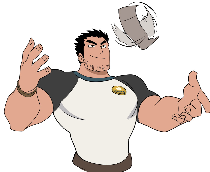 1boy bara beard_stubble black_hair cropped_torso flipping_food food highres huge_eyebrows large_pectorals lucas_lee male_focus motion_blur muscular muscular_male official_style outstretched_arms pectorals ruizu_(takakisan503) scott_pilgrim_takes_off shirt short_hair short_sleeves smear_frame smile solo t-shirt tight_clothes tight_shirt