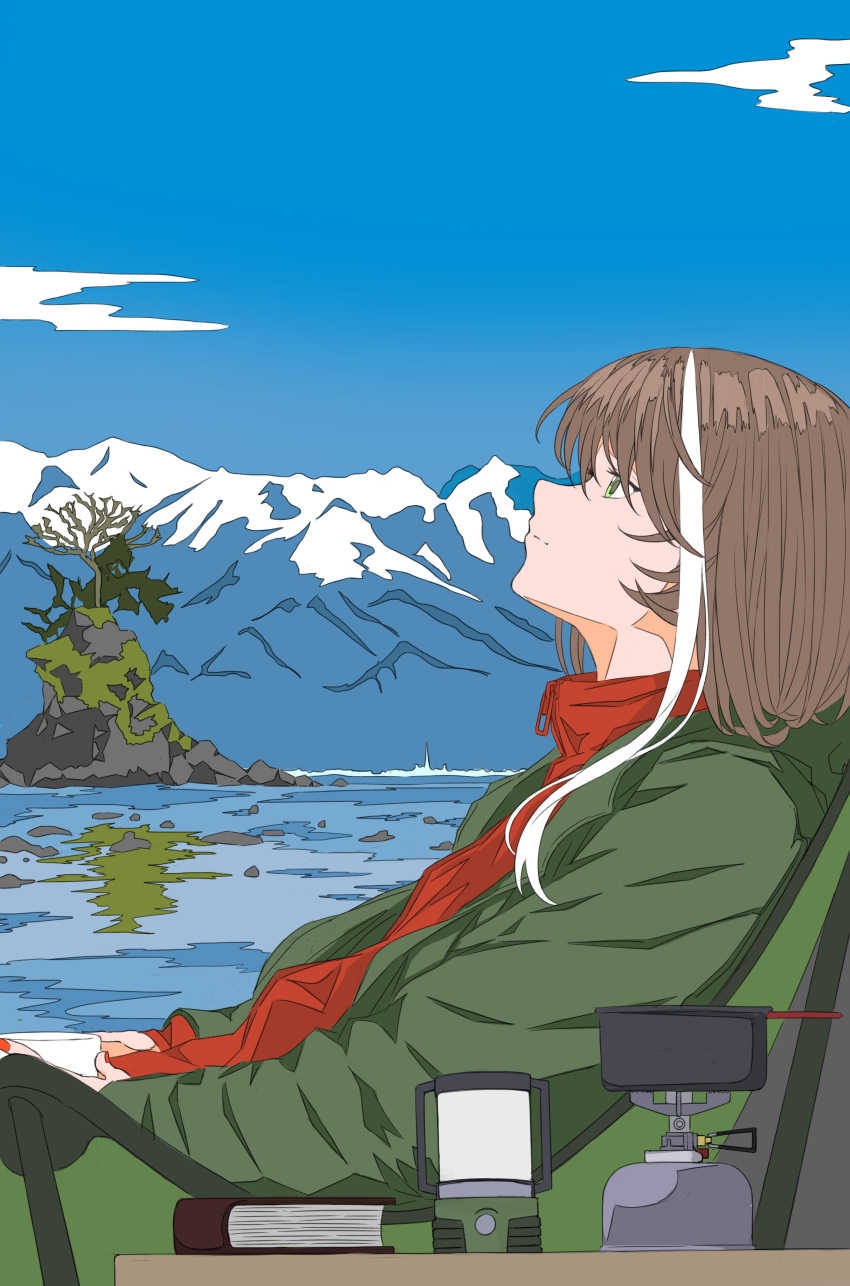 1girl absurdres asu_(sinsekai) bare_tree blue_sky book brown_hair camping_chair closed_mouth coat cup from_side green_coat green_eyes highres holding holding_cup island jacket kino_(kin0_oz) lake lantern light_smile ligne_claire long_sleeves looking_up mountain mountainous_horizon multicolored_hair open_clothes open_coat outdoors portable_stove profile red_jacket sinsekai_studio sky solo streaked_hair table tree turtleneck upper_body white_hair