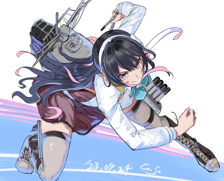 1girl adapted_turret aqua_bow aqua_bowtie black_hair blazer bow bowtie breasts cannon full_body gegeron grey_thighhighs hair_between_eyes hair_down hairband hat highres jacket kantai_collection large_breasts long_hair long_sleeves looking_at_viewer machinery mast military_uniform multicolored_hair naganami_(kancolle) naganami_kai_ni_(kancolle) naval_uniform peaked_cap pink_hair rigging school_uniform smile smokestack solo standing standing_on_liquid thighhighs torpedo_launcher torpedo_tubes turret two-tone_hair uniform wavy_hair white_hairband yellow_eyes