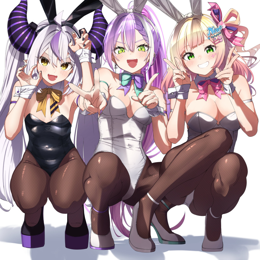 3girls :d absurdres ahoge alternate_costume animal_ears arm_strap bare_shoulders black_footwear black_hairband black_leotard black_nails blonde_hair blunt_bangs blush bow bowtie braid breasts brown_pantyhose claw_pose cleavage collar covered_navel cross cross_earrings demon_girl demon_horns detached_collar double_v earrings fake_animal_ears fingernails fishnet_pantyhose fishnets gradient_hair green_bow green_bowtie green_eyes grey_hair grin hair_between_eyes hair_bow hair_ornament hairband hairclip hands_up high_heels highleg highleg_leotard highres hololive horns index_finger_raised jewelry la+_darknesss large_breasts legs leotard long_hair looking_at_viewer medium_breasts momosuzu_nene multicolored_bowtie multicolored_hair multiple_girls nail_polish open_mouth pantyhose peach_ornament pink_bow pink_bowtie pink_hair playboy_bunny pointy_ears pumps purple_bow purple_bowtie purple_hair purple_nails rabbit_ears shadow shinomu_(cinomoon) shoes side_ponytail sidelocks simple_background smile spread_legs squatting sticker_on_face strapless strapless_leotard streaked_hair striped_horns teeth tokoyami_towa tokoyami_towa_(5th_costume) twintails upper_teeth_only v very_long_hair virtual_youtuber white_background white_collar white_footwear white_hair white_leotard white_wrist_cuffs wrist_cuffs yellow_eyes