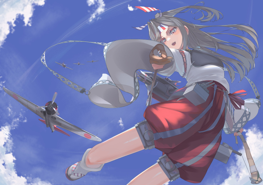 1girl absurdres aircraft airplane bow_(weapon) brown_eyes commentary_request fei_(feikotake) grey_hair hachimaki hakama hakama_shorts headband high_ponytail highres japanese_clothes kantai_collection long_hair muneate ponytail quiver red_shorts shorts solo striped_headband weapon zuihou_(kancolle)