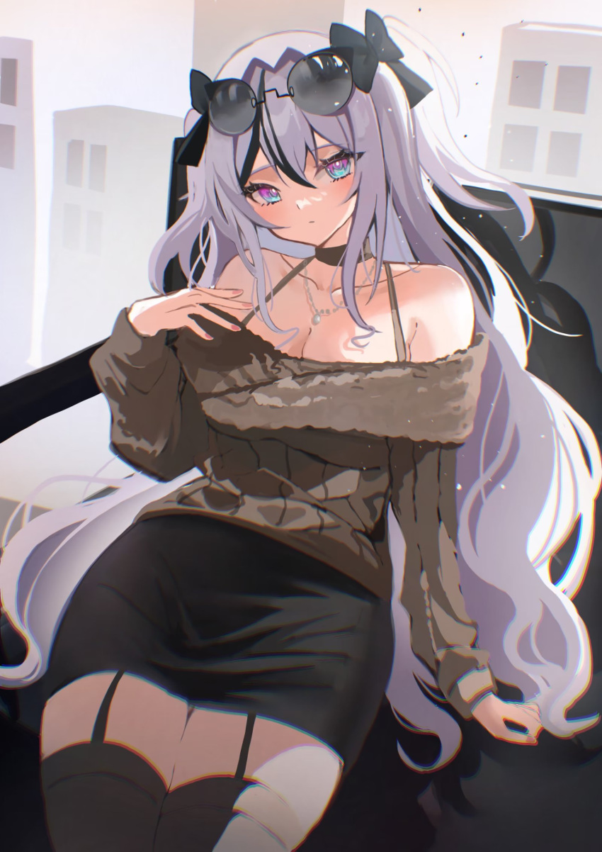 1girl azur_lane black_choker black_hair black_skirt black_thighhighs blue_eyes breasts choker chromatic_aberration city cleavage collarbone commentary elbe_(azur_lane) elbe_(pure-hearted_bad_girl)_(azur_lane) eyewear_on_head garter_straps gradient_eyes grey_hair head_tilt highres indoors jewelry komuer long_hair looking_at_viewer multicolored_eyes multicolored_hair nail_polish necklace off-shoulder_sweater off_shoulder pencil_skirt purple_eyes sitting skirt solo streaked_hair sunglasses sweater symbol-only_commentary thighhighs two_side_up very_long_hair window