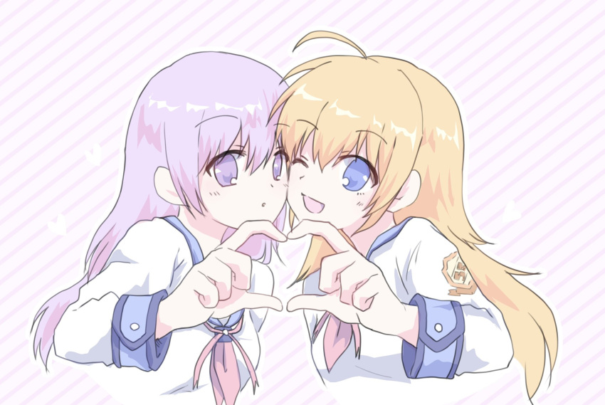 2girls ahoge angel_beats! blonde_hair blue_eyes commentary heart heart_hands heart_hands_duo highres irie_miyuki long_hair multiple_girls nanatsu95 purple_eyes purple_hair school_uniform sekine_shiori serafuku shinda_sekai_sensen_uniform shirt striped striped_background symbol-only_commentary two-tone_background upper_body white_shirt