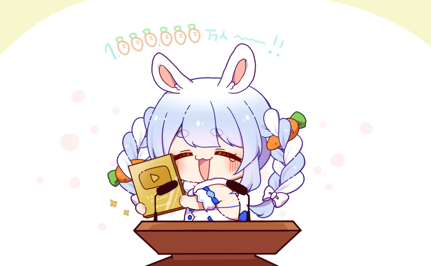 0725akaba 1girl :3 animal_ear_fluff animal_ears arm_cuffs blue_hair braid carrot carrot_hair_ornament carrot_print coat commentary_request creature don-chan_(usada_pekora) dress emoji food-themed_hair_ornament food_print fur-trimmed_dress fur-trimmed_gloves fur_scarf fur_trim gloves gold_creator_award hair_ornament happy highres hololive long_hair microphone playboy_bunny podium rabbit rabbit-shaped_pupils rabbit_ears rabbit_girl scarf solo symbol-shaped_pupils tears thick_eyebrows twin_braids usada_pekora usada_pekora_(1st_costume) virtual_youtuber white_coat white_hair youtube_creator_award youtube_logo