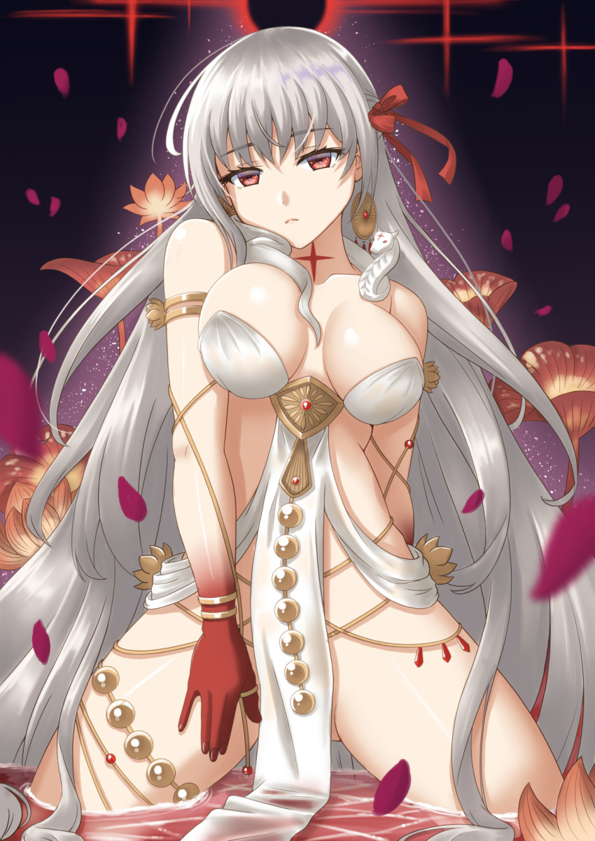 1girl armlet bare_shoulders belly_chain blush body_markings bracelet breasts cleavage collarbone colored_skin durga_(fate) earrings facial_mark fate/grand_order fate_(series) flower gradient_skin grey_hair hair_ribbon highres jewelry large_breasts long_hair looking_at_viewer pelvic_curtain petals red_eyes red_skin revealing_clothes ribbon sano_souichi sash snake solo thighs thumb_ring very_long_hair wading water