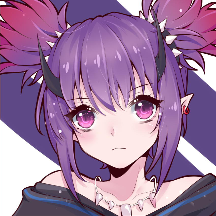 1girl arknights black_horns black_shirt closed_mouth collarbone earrings eyelashes frown horns jewelry lava_(arknights) looking_at_viewer necklace pointy_ears portrait purple_eyes purple_hair shirt spikes twintails varinr