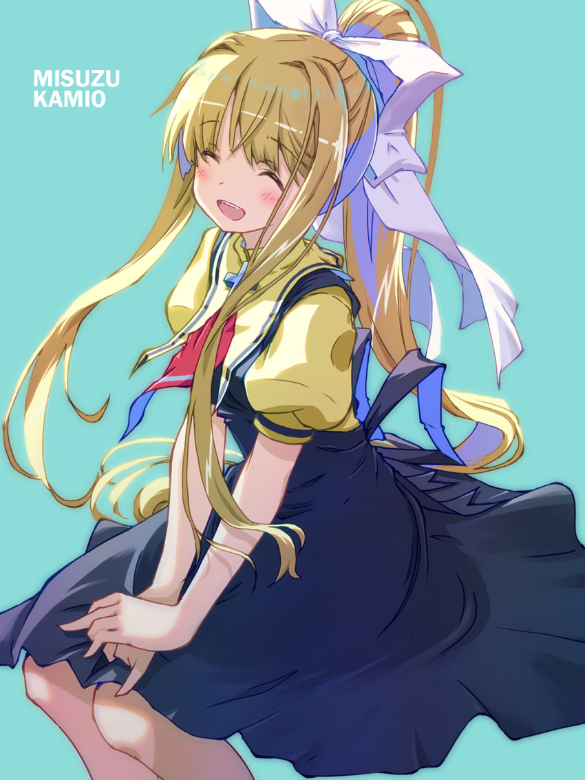 1girl :d ^_^ air_(visual_novel) akayama_yukihe aqua_background black_dress blonde_hair blush character_name closed_eyes commentary_request cross dress facing_viewer feet_out_of_frame floating_hair hair_between_eyes hair_intakes hair_ribbon happy highres kamio_misuzu long_hair necktie open_mouth own_hands_together ponytail puffy_short_sleeves puffy_sleeves red_necktie ribbon school_uniform shirt short_necktie short_sleeves sidelighting sidelocks simple_background sitting smile solo teeth upper_teeth_only v_arms very_long_hair white_ribbon wing_collar yellow_shirt