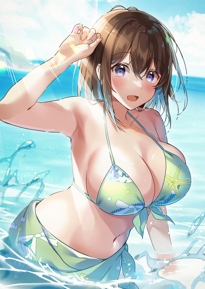 1girl bikini blush breasts brown_hair cleavage green_bikini hair_between_eyes hawawa-chan_(shiro_kuma_shake) highres large_breasts looking_at_viewer navel ocean open_mouth original outdoors purple_eyes sarong shiro_kuma_shake smile solo sunlight swimsuit water