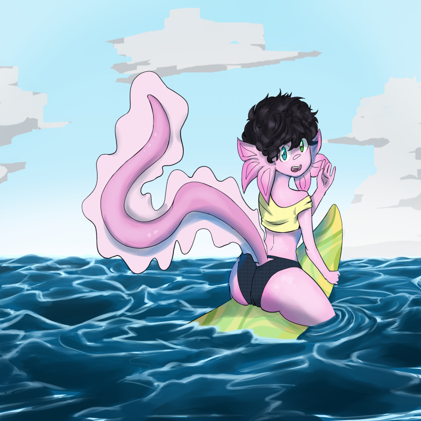 2023 amphibian anthro axolotl beach black_hair clothed clothing digital_media_(artwork) fully_clothed hair hi_res male marine mole_salamander salamander sea seaside solo surfing water