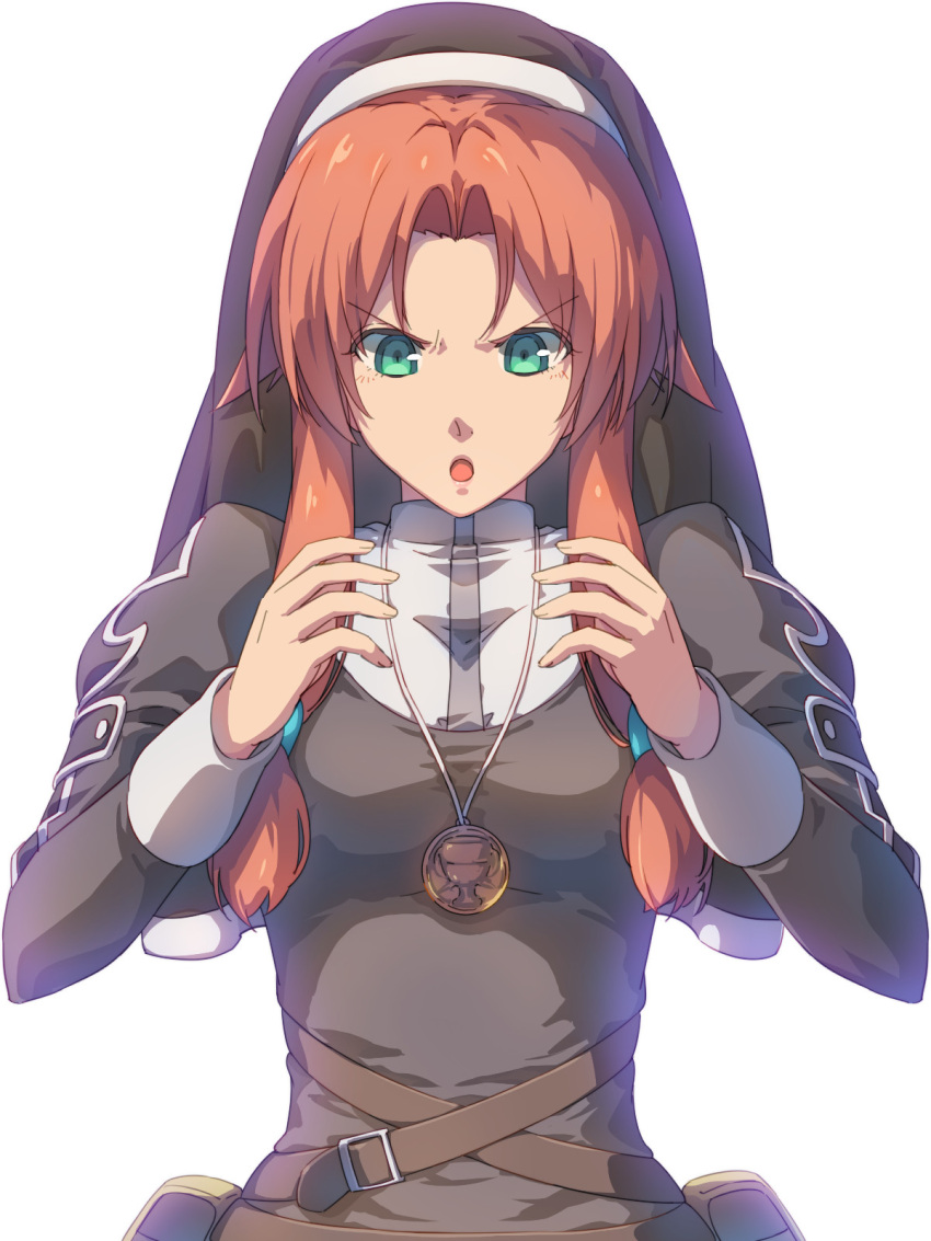 1girl antenna_hair belt_pouch brown_hair chiharu_(9654784) eiyuu_densetsu green_eyes highres jewelry medallion necklace nun pouch ries_argent solo sora_no_kiseki traditional_nun twintails white_background