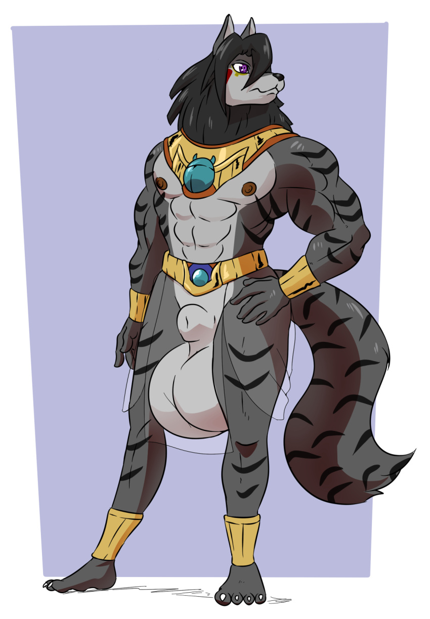 a-side abs anthro balls big_balls black_hair canid canine canis clothing egyptian_clothing felid genitals hair hi_res huge_balls hybrid hyper hyper_balls hyper_genitalia male mammal pantherine purple_eyes solo stripes tiger wolf wolfger