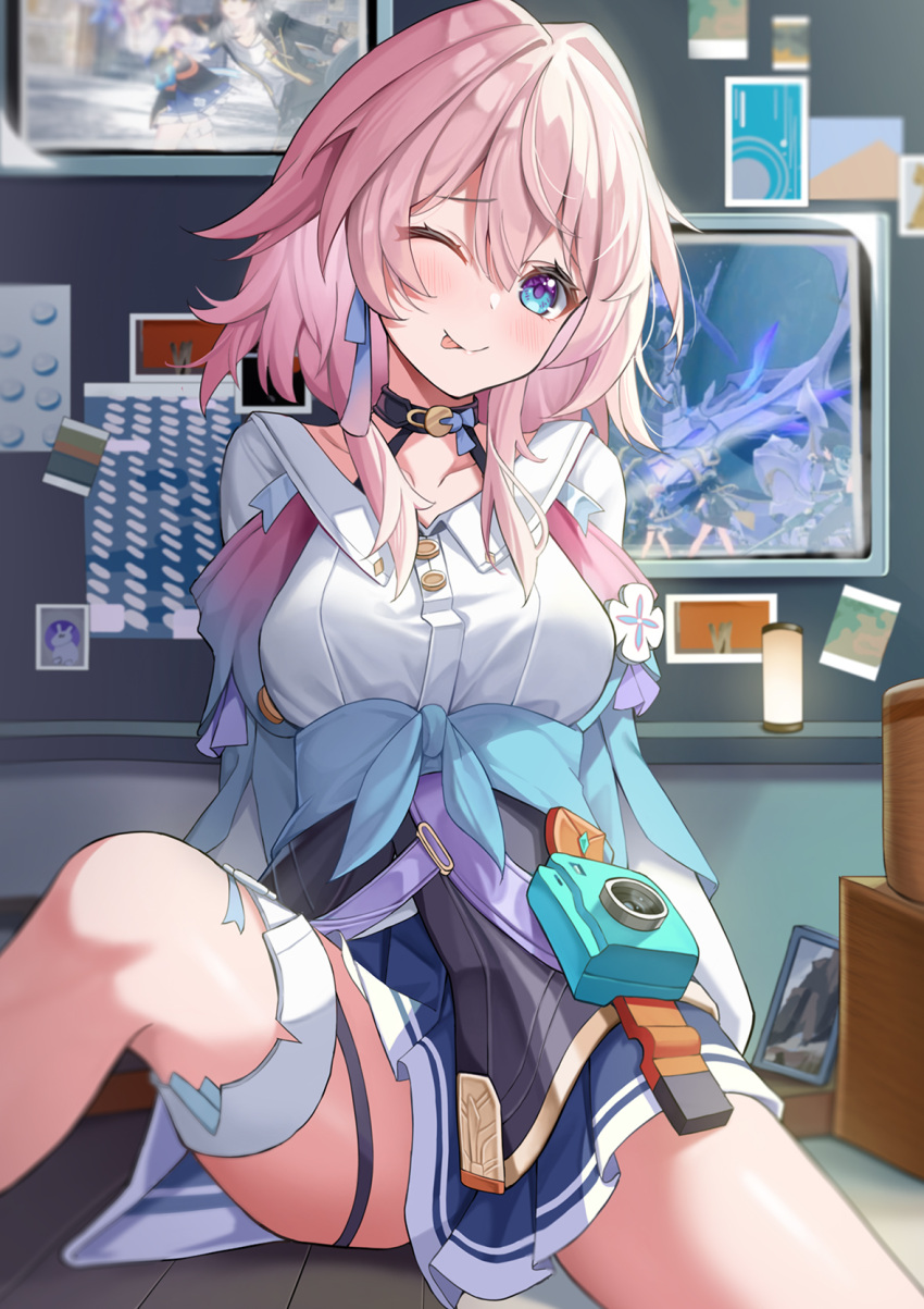 1girl :p arms_behind_back bedroom blue_eyes box breasts camera collarbone dot_nose frilled_skirt frills hair_between_eyes halterneck highres honkai:_star_rail honkai_(series) indoors kd_(kdh45689) long_hair long_sleeves looking_at_viewer march_7th_(honkai:_star_rail) medium_breasts photo_(object) picture_frame pink_eyes pink_hair shirt sitting skirt solo spread_legs thigh_strap thighs tongue tongue_out white_shirt