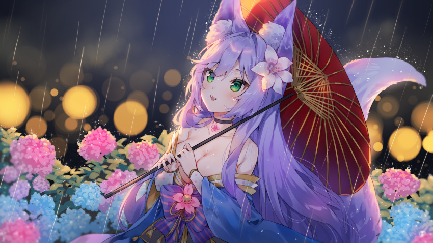 1girl :d animal_ear_fluff animal_ears black_choker blue_flower blue_kimono breasts cheli_(kso1564) choker cleavage collarbone copyright_request fangs flower fox_ears fox_girl fox_tail green_eyes hair_between_eyes hair_flower hair_intakes hair_ornament highres holding holding_umbrella hydrangea japanese_clothes kimono large_breasts long_hair off_shoulder oil-paper_umbrella pink_flower purple_hair rain red_umbrella smile solo tail umbrella very_long_hair virtual_youtuber white_flower