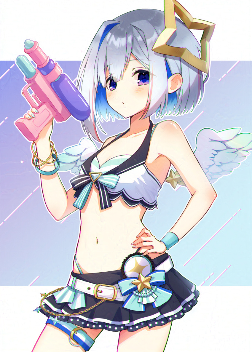 1girl amane_kanata angel_wings aqua_bow belt bikini black_skirt blue_eyes blue_hair bow bracelet breasts chain collarbone colored_inner_hair front-tie_bikini_top front-tie_top gold_chain green_bikini grey_hair hand_on_own_hip highleg highleg_bikini highres holding holding_water_gun hololive hololive_summer_2023_swimsuit jewelry layered_bikini looking_at_viewer midriff miniskirt multicolored_bow multicolored_hair navel official_alternate_costume overskirt skirt small_breasts solo star_(symbol) striped striped_bikini swimsuit thigh_belt thigh_strap uni_(maru231) virtual_youtuber waist_bow water_gun white_belt white_wings wings