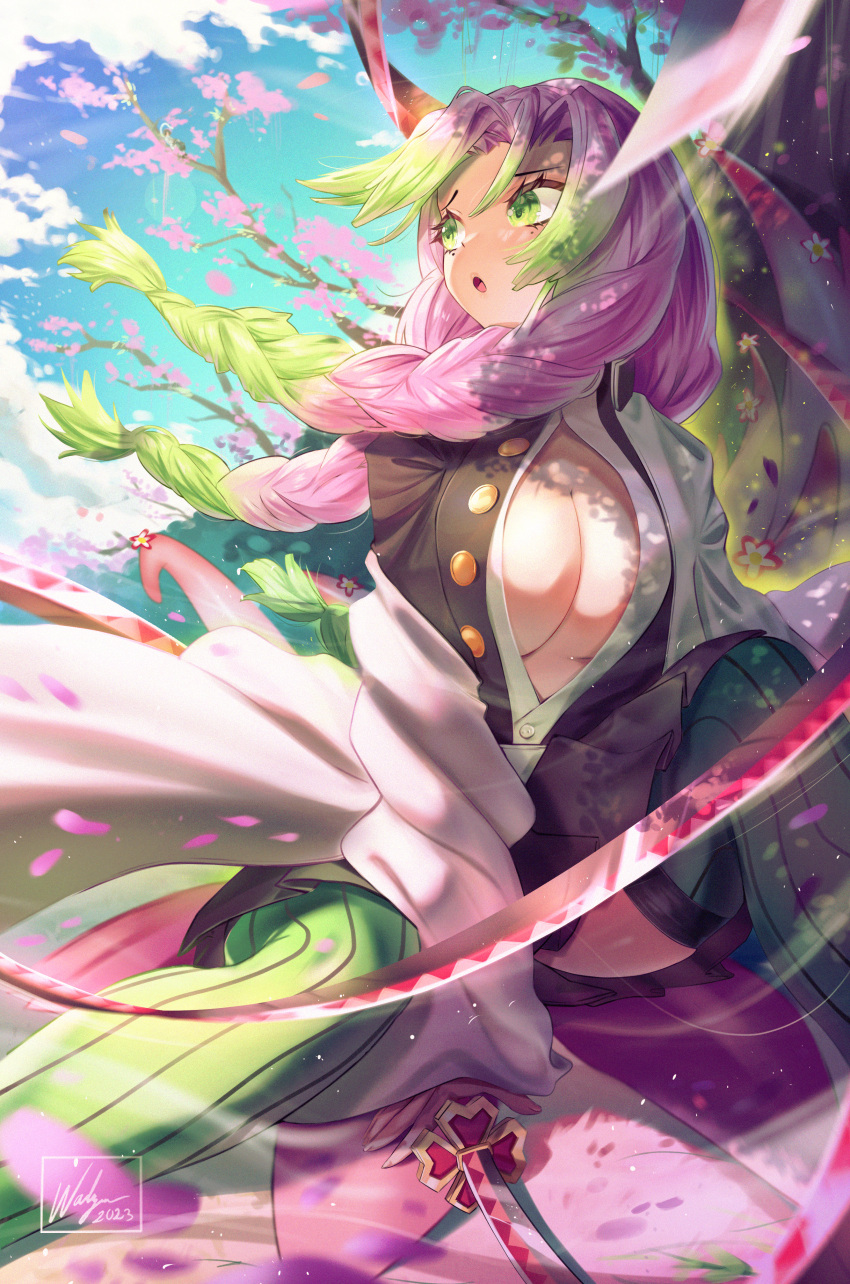 1girl :o absurdres black_jacket blue_sky branch breasts cherry_blossoms cleavage cloud collared_jacket dated demon_slayer_uniform facing_to_the_side falling_petals gradient_hair green_eyes green_hair green_thighhighs haori highres holding holding_sword holding_weapon jacket japanese_clothes kanroji_mitsuri kimetsu_no_yaiba large_breasts long_hair long_sleeves mole mole_under_eye multicolored_hair multiple_moles outdoors partially_unbuttoned petals pink_hair ribbed_legwear ribbed_thighhighs signature sky solo sword thighhighs tree tri_braids waligner weapon wind