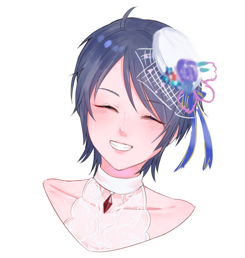 1girl black_hair closed_eyes collarbone commentary_request crystal grin halterneck hat highres idolmaster idolmaster_cinderella_girls mini_hat portrait see-through short_hair smile solo wakui_rumi yuihan-nyanchu