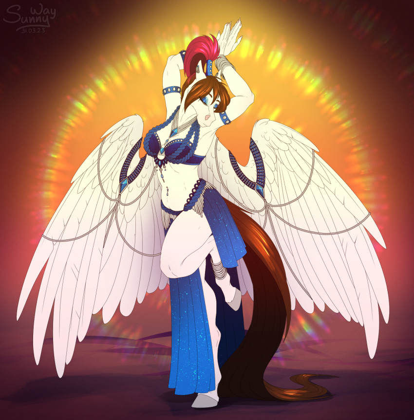 anklet anthro bedlah belly_dance belly_dancer belly_dancer_outfit blue_eyeshadow bracelet breasts brown_hair dancing ear_piercing equid equine eyeshadow feathers female hair hi_res hooves jewelry makeup mammal necklace pegasus piercing ponytail solo sunny_way sunny_way_(character) wings