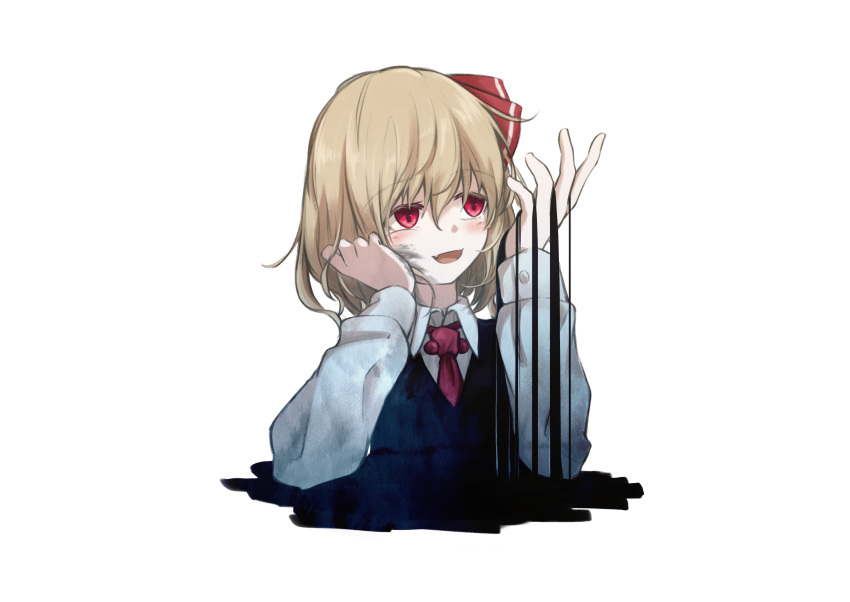 1girl absurdres black_vest blonde_hair blush collared_shirt darkness hair_between_eyes hair_ribbon highres lit_ter long_sleeves open_mouth red_eyes red_ribbon ribbon rumia shirt short_hair simple_background solo touhou upper_body vest white_background white_shirt