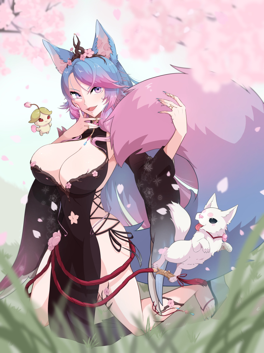 1girl absurdres animal_ear_fluff animal_ears black_kimono black_sleeves blue_eyes blue_hair blue_nails blue_tail breasts cherry_blossom_print cherry_blossoms cleavage cleavage_cutout clothing_cutout detached_sleeves floral_print gradient_hair gradient_tail highres hip_vent holding holding_own_tail indie_virtual_youtuber japanese_clothes kimono large_breasts long_hair looking_at_viewer multicolored_hair multicolored_tail nail_polish navel_cutout pink_hair pink_tail sidelocks silvervale silvervale_(sakura_goddess) smile swept_bangs tail ume_emaru virtual_youtuber wolf_ears wolf_girl wolf_tail