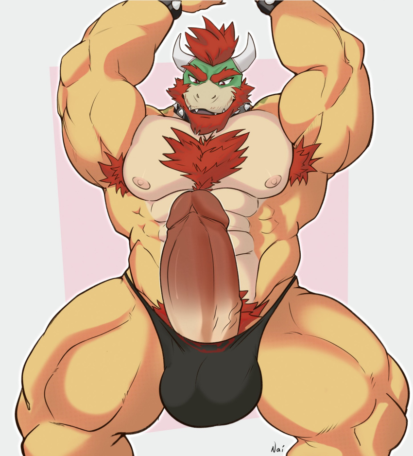 2023 abs anthro armpit_hair balls_outline barazoku beard biceps big_bulge big_muscles big_penis body_hair border bowser bracelet bulge chest_hair clothed clothing collar erection eyebrows facial_hair front_view genital_outline genitals hair hi_res horn huge_bulge huge_muscles huge_penis humanoid_genitalia humanoid_penis jewelry koopa male mario_bros muscular muscular_anthro muscular_male naistop nintendo nipples non-mammal_nipples obliques pecs penis pink_background poking_out pubes scalie signature simple_background sitting smile solo spiked_bracelet spiked_collar spikes thick_penis thick_thighs thong thong_only topless topless_anthro topless_male underwear underwear_only white_border