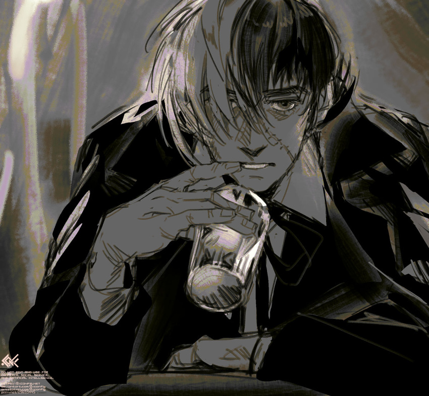 0xconfig 1boy artist_logo azpainter_(medium) black_jack_(character) black_jack_(series) bow bowtie coat collared_shirt commentary_request cup drinking_glass elbow_rest elbows_on_table hair_over_one_eye holding holding_cup lapels long_sleeves looking_at_viewer male_focus monochrome multicolored_hair notched_lapels open_clothes open_coat scar scar_on_face shirt short_hair solo split-color_hair table wing_collar