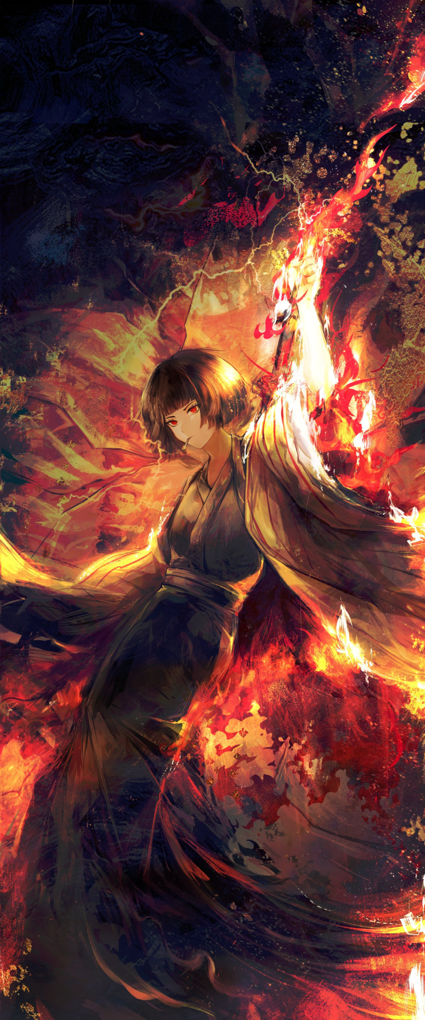 1girl absurdres arm_up black_hair burning burning_clothes fire flaming_hand flaming_sword flaming_weapon highres japanese_clothes limbus_company long_skirt nagashimanever project_moon red_eyes robe ryoshu_(limbus_company) short_hair skirt smoking white_robe