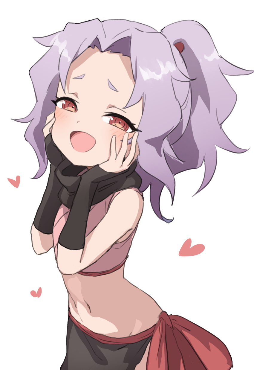 1girl absurdres black_scarf blush gazacy_(dai) hands_on_own_cheeks hands_on_own_face heart highres kunoichi_tsubaki_no_mune_no_uchi looking_at_viewer midriff navel ponytail purple_hair red_eyes sazanka_(kunoichi_tsubaki_no_mune_no_uchi) scarf short_hair simple_background solo white_background