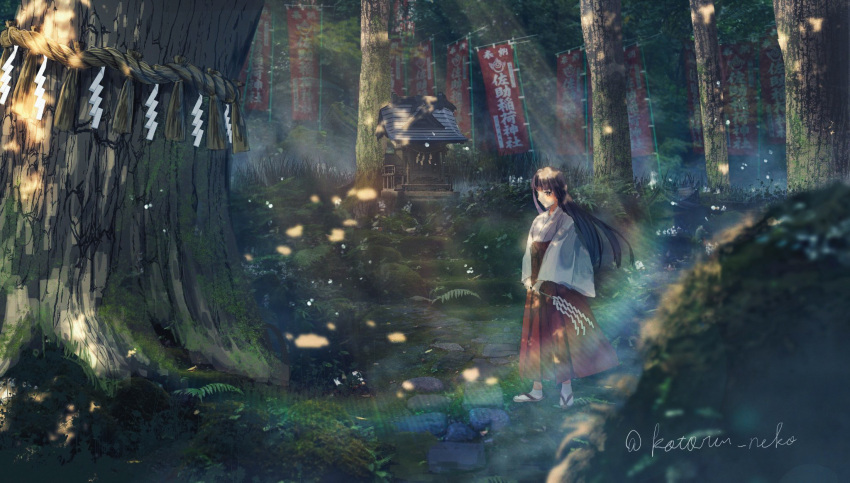 1girl banner black_hair brown_hair commentary_request dappled_sunlight floating_hair forest hakama hakama_skirt highres japanese_clothes lens_flare light_rays long_hair miko moss nature original outdoors red_skirt rock rope sandals scenery shide shimekake shimenawa shrine skirt socks solo stairs standing stone_walkway sunbeam sunlight tree twitter_username white_socks wide_sleeves