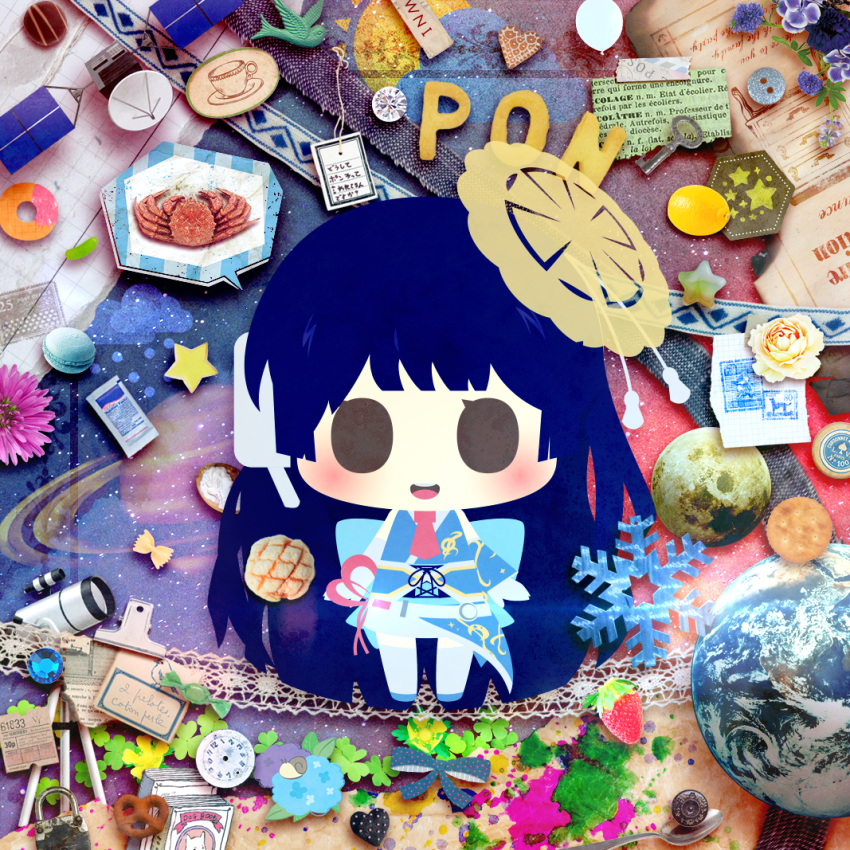 1girl bird blue_eyes blue_flower bow buttons crab cup earth_(planet) flower food fruit hair_ornament heart lemon lock long_hair looking_at_viewer macaron mixed_media moon necktie open_mouth padlock pink_flower planet pretzel red_necktie saturn_(planet) smile snowflakes solid_eyes solid_oval_eyes solo star_(symbol) strawberry teacup telescope virtual_youtuber warimaru watch weathernews weatheroid