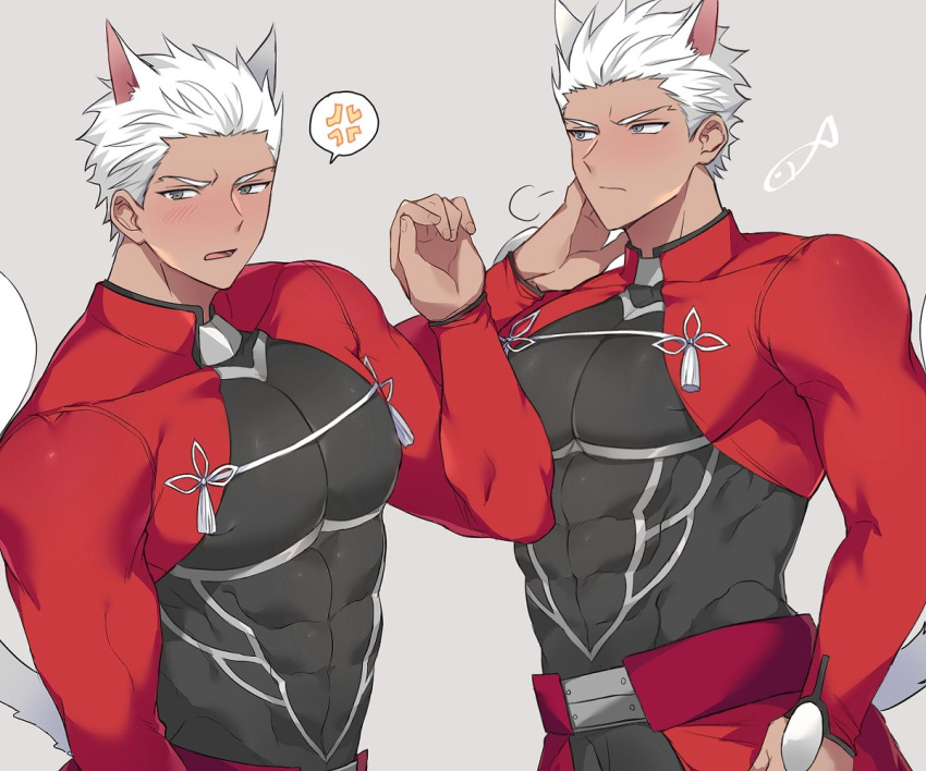 1boy anger_vein animal_ears archer_(fate) bad_source bara blush cat_boy cat_ears cat_tail covered_abs covered_nipples cropped_jacket dark-skinned_male dark_skin fate/stay_night fate_(series) grey_background grey_eyes hand_on_own_neck jacket kemonomimi_mode looking_at_viewer looking_to_the_side male_focus multiple_boys open_mouth pectorals red_jacket seum_(kao_husband) short_hair solo spoken_anger_vein tail tassel white_hair