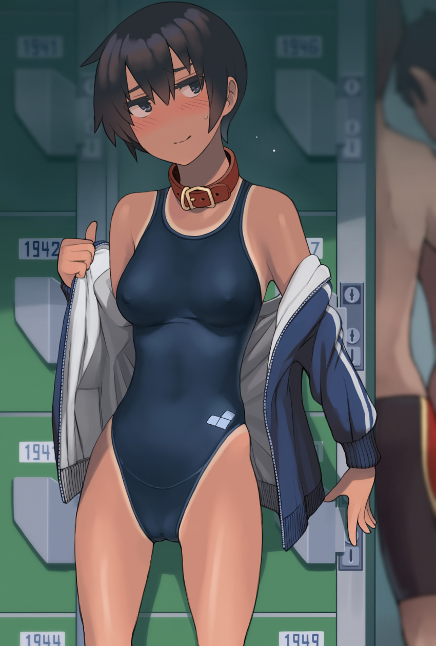 1girl 2boys absurdres animal_collar bare_shoulders black_hair blue_jacket blue_one-piece_swimsuit blurry blush breasts collar commentary_request covered_nipples cowboy_shot dark-skinned_female dark_skin depth_of_field highres jacket kuronami_(lvi) locker locker_room lvi medium_breasts multiple_boys nervous_smile one-piece_swimsuit one-piece_tan open_clothes open_jacket original short_hair smile solo_focus standing sweatdrop swimsuit tan tanlines track_jacket undressing