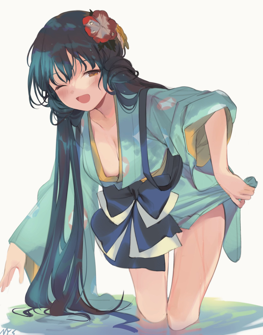 1girl blue_hair blush breasts brown_eyes cleavage clothes_lift collarbone cowboy_shot dot_nose floral_print flower green_kimono hair_flower hair_ornament highres holding idolmaster idolmaster_million_live! idolmaster_million_live!_theater_days japanese_clothes kimono kitakami_reika long_hair long_sleeves looking_at_viewer low_twintails medium_breasts morning_glory morning_glory_print nys one_eye_closed open_mouth partially_submerged print_kimono red_flower signature smile solo standing twintails two-tone_sash very_long_hair wading water wet white_background wide_sleeves yellow_flower