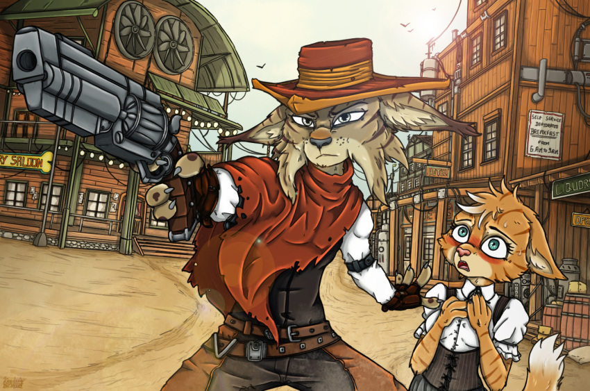 anthro bad_guy_cafe blue_eyes brown_body brown_fur clothing colt_lasky domestic_cat duo english_text far_west felid feline felis female fur green_eyes gun handgun hat headgear headwear lynx male mammal pistol ranged_weapon saloon sarha_solar text weapon western ziegelzeig