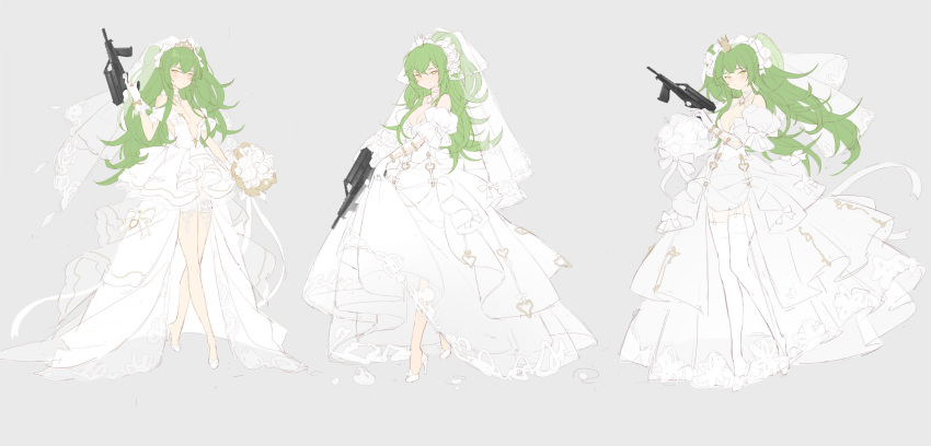 1girl asymmetrical_gloves bahao_diqiu bouquet breasts bridal_veil brooch calico_m950 cleavage crossed_ankles crown dress elbow_gloves flower flower_request girls'_frontline gloves green_hair gun hair_flower hair_ornament halterneck handgun heart-shaped_ornament high_heels highres holding holding_bouquet holding_gun holding_weapon jewelry light_blush long_hair looking_at_viewer m950a_(girls'_frontline) m950a_(the_warbler_and_the_rose)_(girls'_frontline) multiple_views official_alternate_costume official_art partially_colored ring simple_background smile standing trigger_discipline veil weapon wedding_dress wedding_ring white_background white_gloves yellow_brooch yellow_eyes