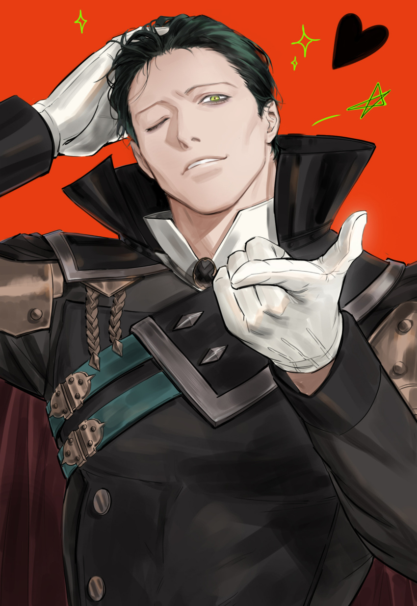 1boy alternate_costume arm_up black_coat black_hair brooch cape coat collared_shirt commentary_request fire_emblem fire_emblem:_three_houses gloves halloween halloween_costume hand_on_own_head heart high_collar highres hubert_von_vestra jewelry korean_commentary long_sleeves looking_at_viewer male_focus nose nostrils one_eye_closed parted_lips red_background red_cape shirt short_hair solo sparkle star_(symbol) upper_body very_short_hair vestradog white_gloves white_shirt yellow_eyes