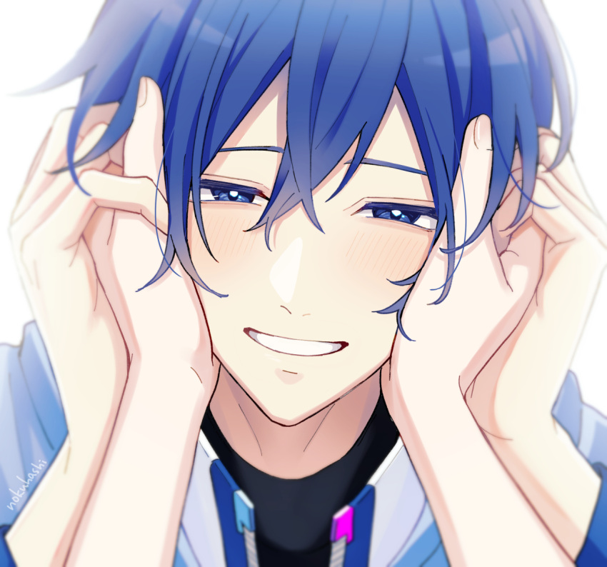 1boy artist_name blue_eyes blue_hair commentary_request double-parted_bangs fingernails hand_grab hands_on_another's_face kaito_(vocaloid) looking_at_viewer nokuhashi out_of_frame pov short_hair simple_background smile teeth vocaloid white_background