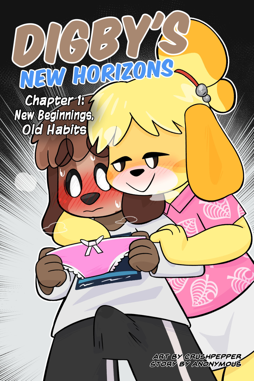 absurd_res animal_crossing anthro blouse blush bodily_fluids bottomwear bow_panties bow_underwear brother brother_and_sister brown_nose bulge canid canine canis clothing comic cover cover_art cover_page crushpepper digby_(animal_crossing) domestic_dog duo embarrassed female frilly frilly_clothing frilly_panties frilly_underwear genital_fluids hi_res holding_clothing holding_object holding_panties holding_underwear incest_(lore) isabelle_(animal_crossing) male mammal musk musk_clouds nintendo panties pink_clothing pink_panties pink_underwear precum precum_through_clothing shirt shorts sibling side_hug sister skirt sweat text topwear underwear wet wet_clothing