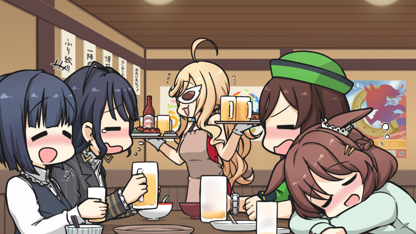 5girls ahoge alcohol animal_ears anshinzawa_sasami apron beer black_hair black_vest blunt_bangs blush bowl bowler_hat brown_hair chopsticks commentary_request domino_mask ear_ornament earrings empty_plate flying_sweatdrops formal fried_chicken frilled_shirt_collar frills glass gloves gold_trim green_headwear hair_ornament hairclip hamu_koutarou hat hayakawa_tazuna highres holding holding_tray horse_ears horse_girl izakaya jewelry kashimoto_riko kiryuuin_aoi light_hello_(umamusume) long_hair long_sleeves mask multiple_girls pinstripe_pattern pinstripe_suit shirt short_hair sleeping sleeping_on_desk striped suit tankard tearing_up tokai_teio_(umamusume) translation_request tray umamusume vest white_gloves white_shirt