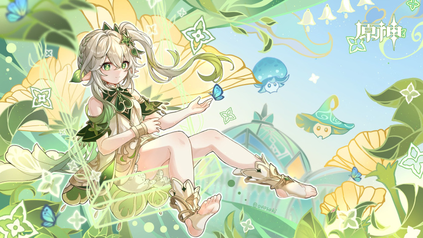 +_+ 1girl bare_shoulders blue_sky bug butterfly closed_mouth commentary_request day dress flower genshin_impact gradient_hair green_eyes green_hair grey_hair hair_between_eyes hair_ornament highres looking_away multicolored_hair nahida_(genshin_impact) no_shoes outdoors ovosakisilica pointy_ears short_shorts shorts side_ponytail sitting sky sleeveless sleeveless_dress smile socks soles solo_focus stirrup_legwear swing toeless_legwear twitter_username white_dress white_shorts white_socks yellow_flower