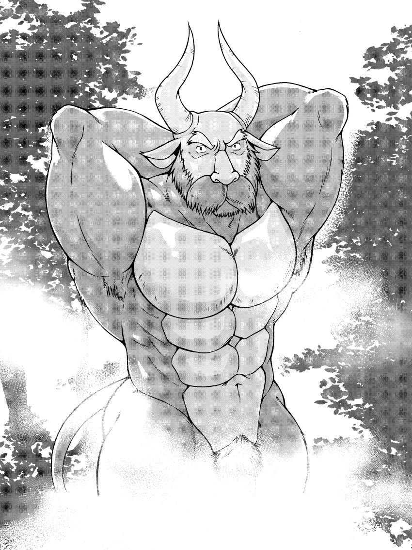 3:4 abs absurd_res bihorn_(hunter_x_hunter) bovid bovine cattle chimera_ant feral fur hi_res horn humanoid hunter_x_hunter linorange0212 male mammal monochrome muscular muscular_male nude pecs simple_background solo tail