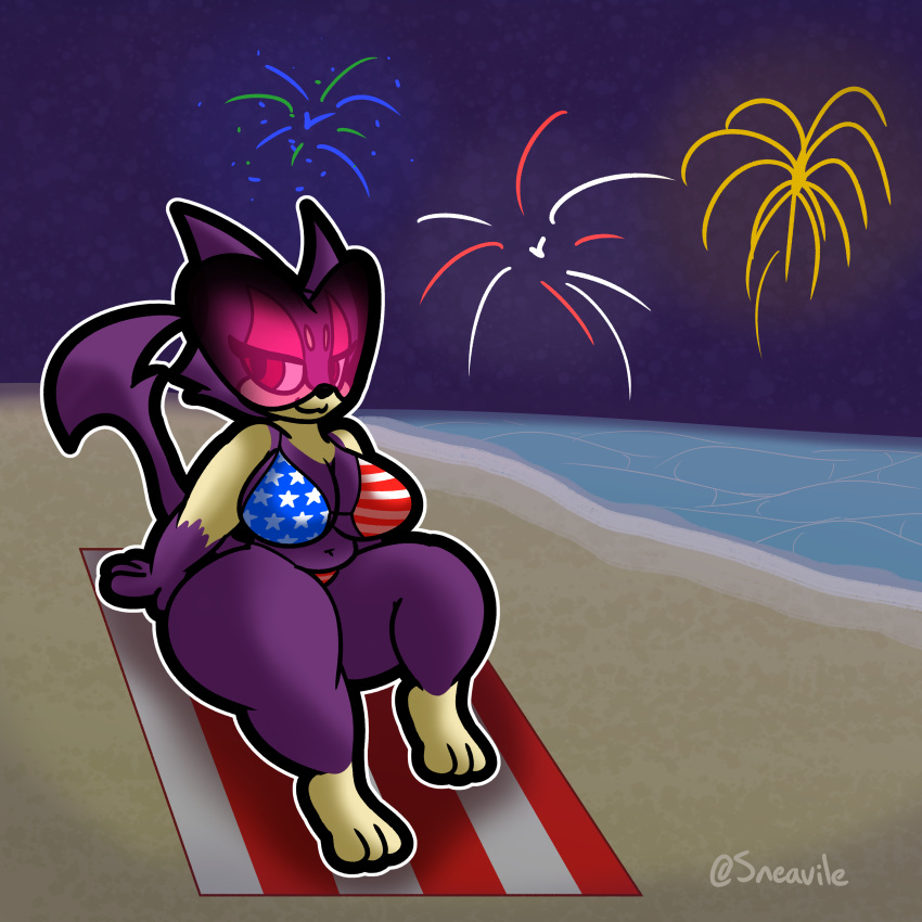 4th_of_july absurd_res american_flag_bikini anthro beach beach_towel big_breasts breasts cleavage clothed clothing curvy_figure eyewear felony_(sneavile) female fireworks generation_5_pokemon gloves_(marking) half-closed_eyes hi_res leaning leaning_back leg_markings markings mask narrowed_eyes navel night nintendo pokemon pokemon_(species) purrloin seaside short_stack sitting smile smirk sneavile socks_(marking) solo stars_and_stripes sunglasses tail thick_thighs towel united_states_of_america voluptuous wide_hips