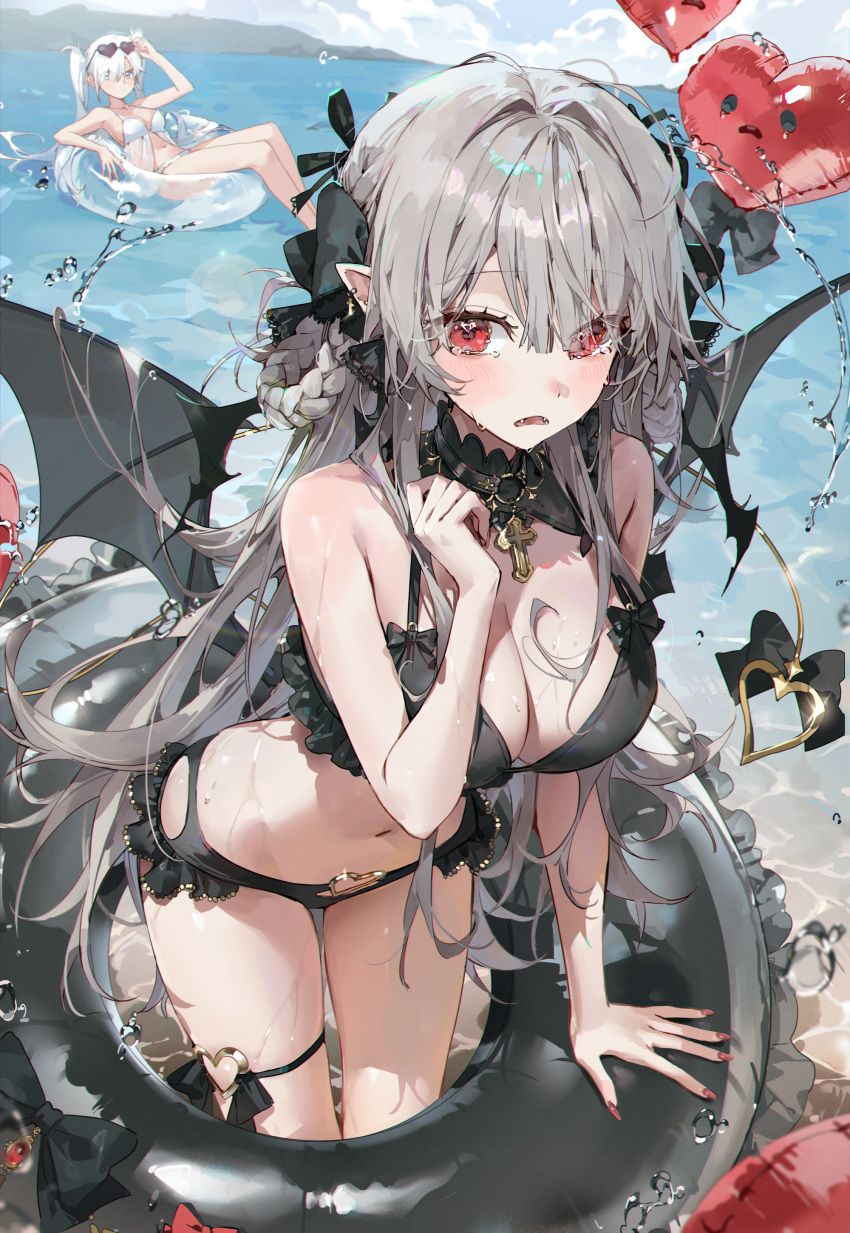 2girls absurdres bikini black_bikini blush bow breasts commentary demon_wings detached_collar grey_hair hair_bow hair_ornament highres innertube large_breasts long_hair looking_at_viewer multiple_girls navel ocean original outdoors partially_submerged pointy_ears red_eyes sunglasses swimsuit symbol-only_commentary twintails white_hair wings ye_jji